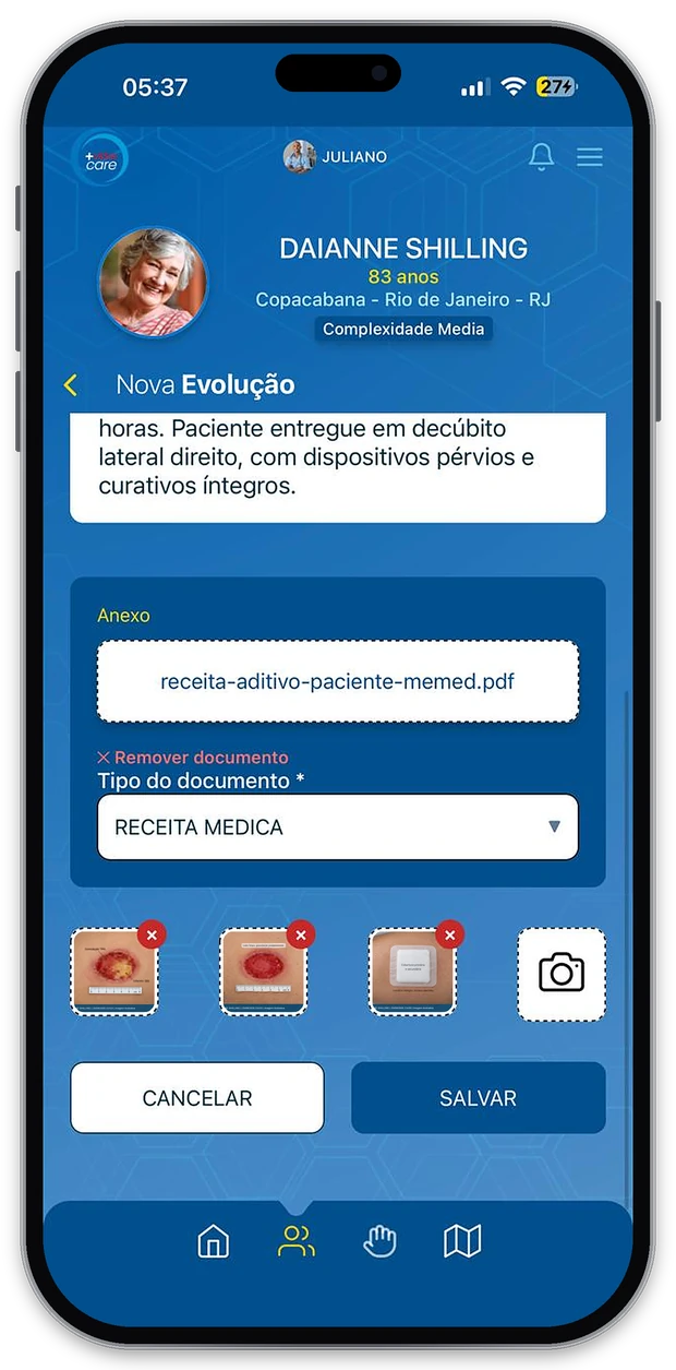 Anexos da evolução no +Vidas Care, com documento e fotos do atendimento