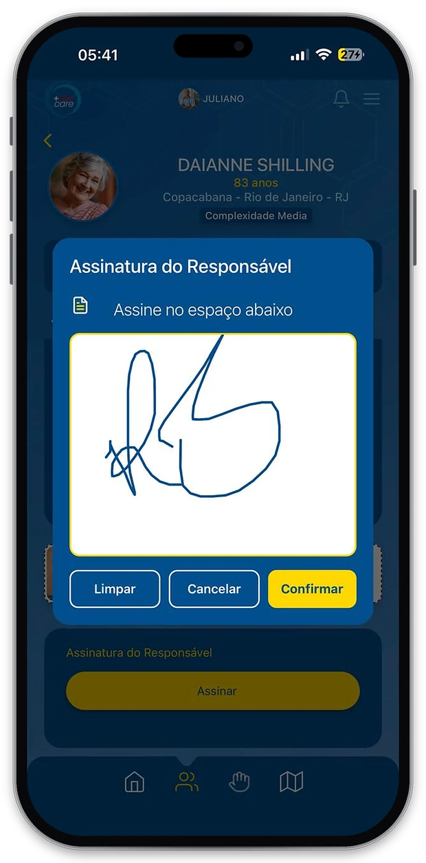 Tela de assinatura do responsável no +Vidas Care