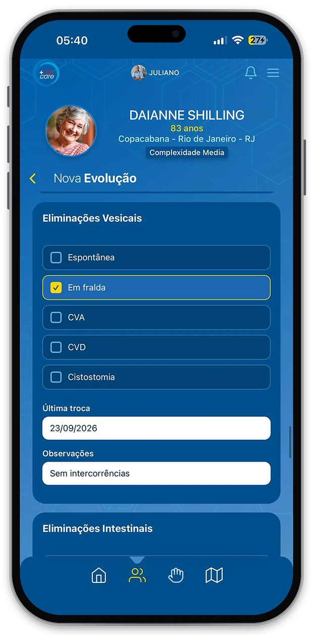 Formulário estruturado de eliminações vesicais no +Vidas Care