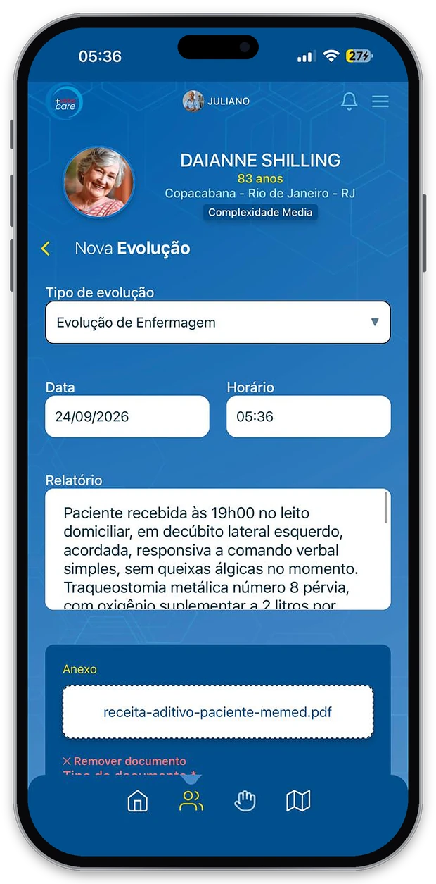 Tela Nova Evolução do +Vidas Care, com tipo de evolução, data, horário e relatório