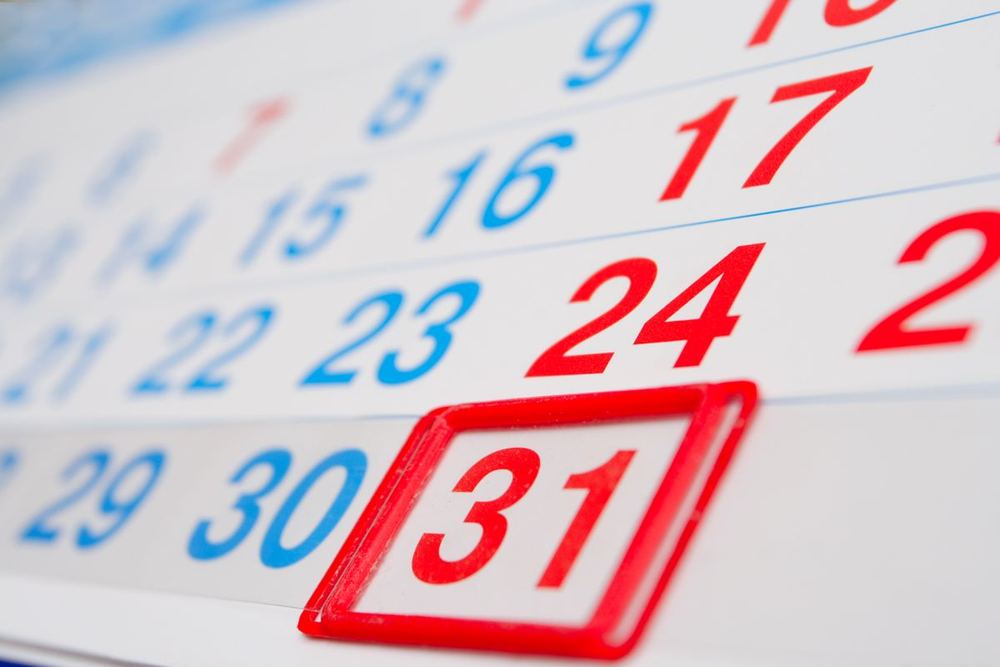Calendário com o último dia do mês em destaque