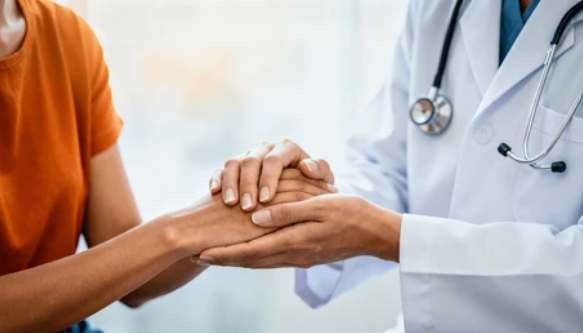 Médico segurando as mãos de um familiar