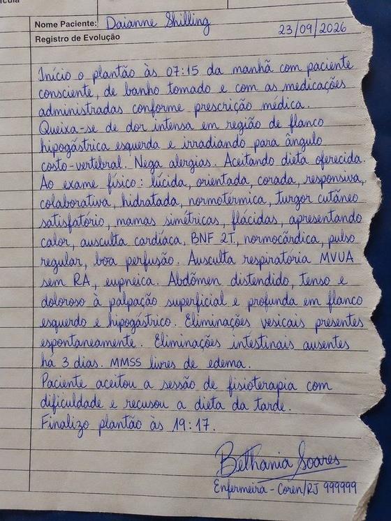 A mesma folha de evolução rasgada no transporte até a sede