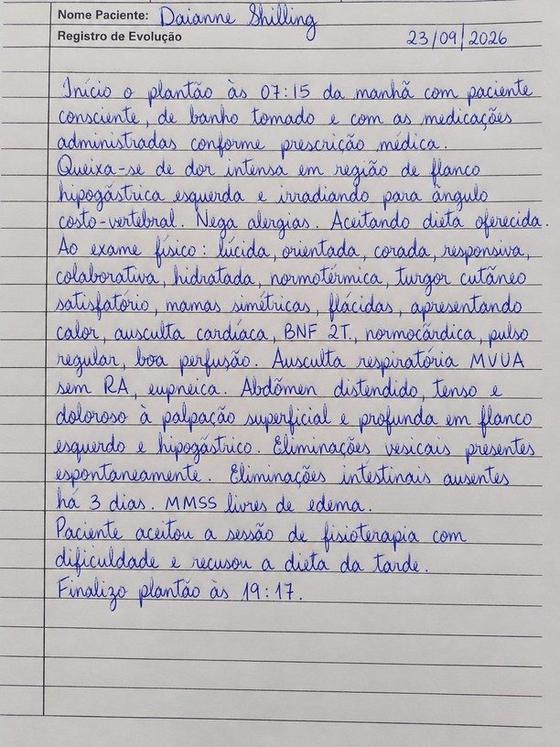 A mesma folha de evolução sem a assinatura da profissional
