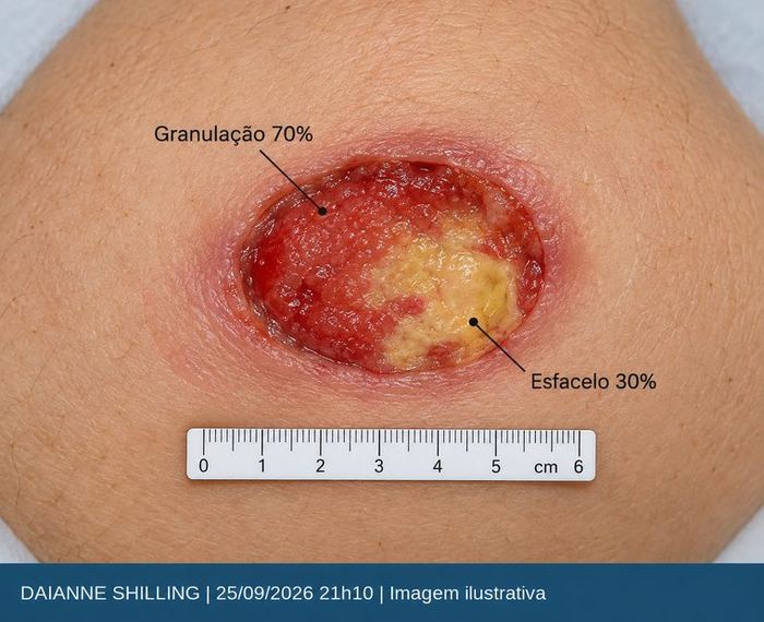 Lesão por pressão sacral antes do curativo, com régua de mensuração