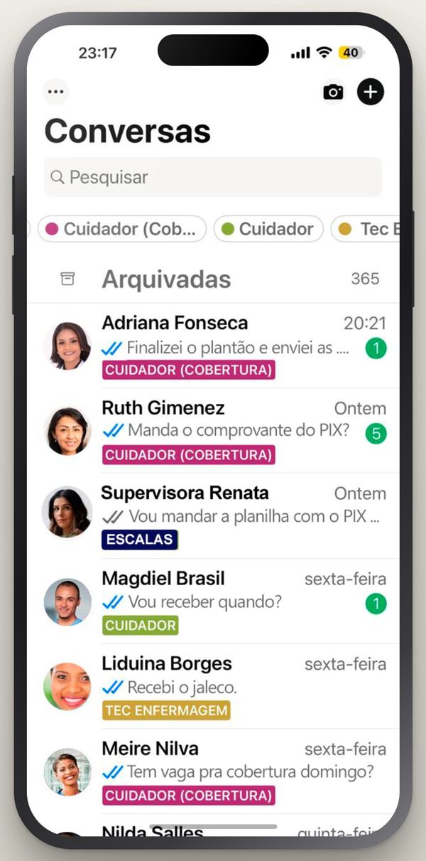 Lista de conversas de WhatsApp de uma empresa de cuidadores, com pedidos de cobertura, comprovante de PIX e perguntas sobre pagamento