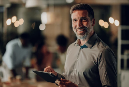 Dono de empresa de home care sorrindo, com o tablet na mão, em meio à equipe