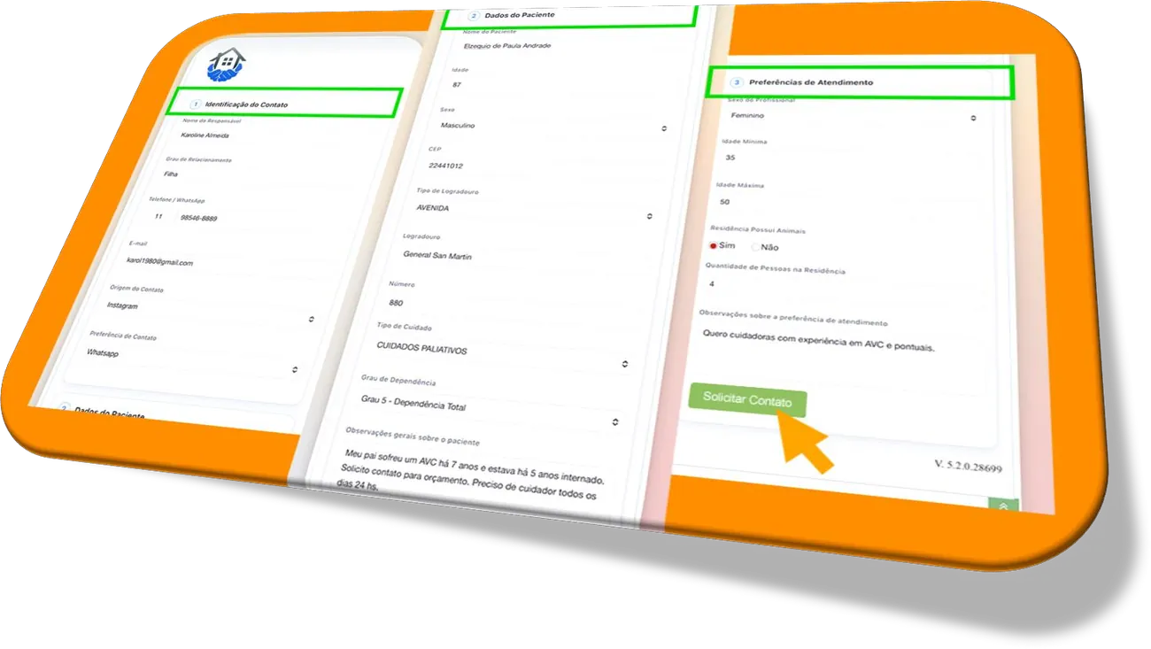 Formulário de captação do +Vidas Business com os blocos Identificação do Contato, Dados do Paciente e Preferências de Atendimento