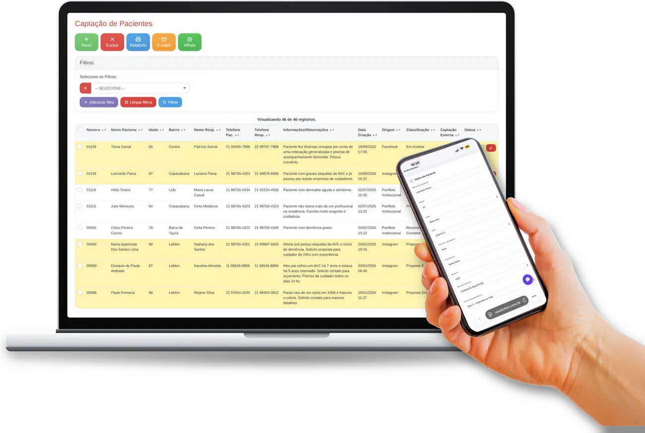 Tela Captação de Pacientes do +Vidas no notebook e formulário de captação no celular
