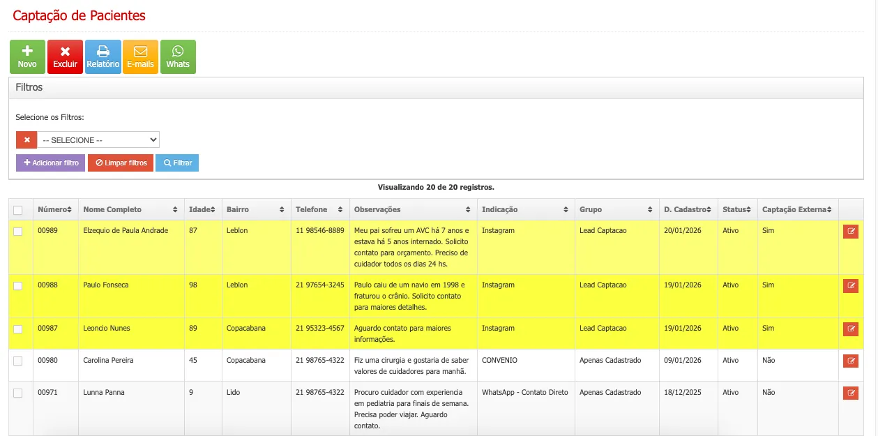 Tela Captação de Pacientes do +Vidas com leads externos destacados em amarelo