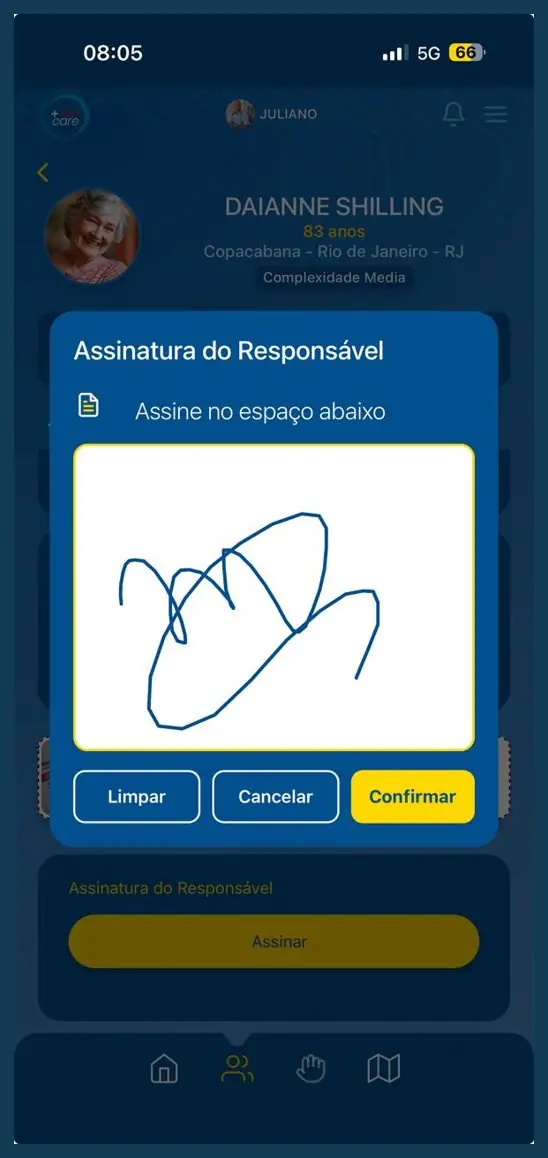 Tela Assinatura do Responsável do +Vidas Care com espaço para assinar