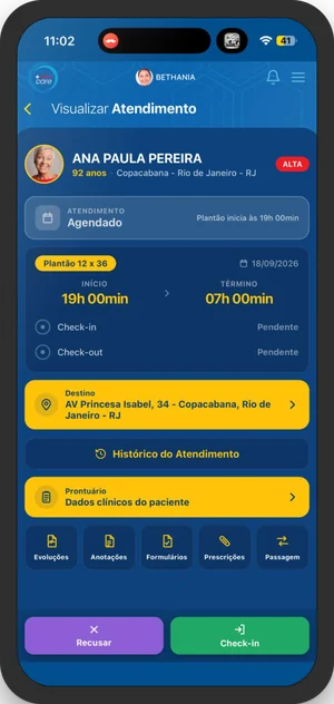 Tela do atendimento no +Vidas Care com acesso ao prontuário e aos formulários