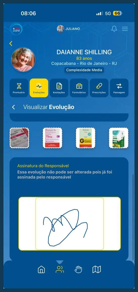 Evolução assinada no +Vidas Care, com fotos e assinatura travada
