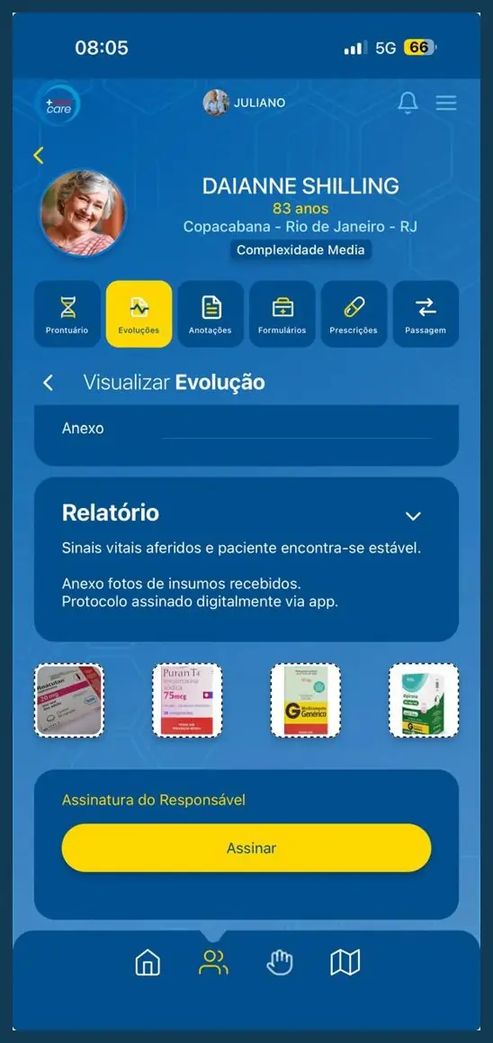 Tela Visualizar Evolução do +Vidas Care com relatório, fotos dos insumos e botão Assinar