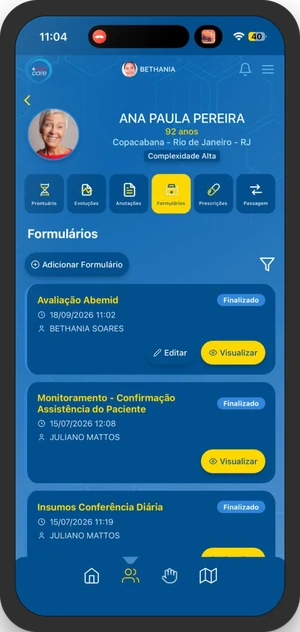 Formulários do paciente no +Vidas Care