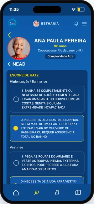 Escore de Katz no aplicativo com as opções descritas por extenso