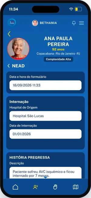Abertura do NEAD no aplicativo com dados da internação e história pregressa