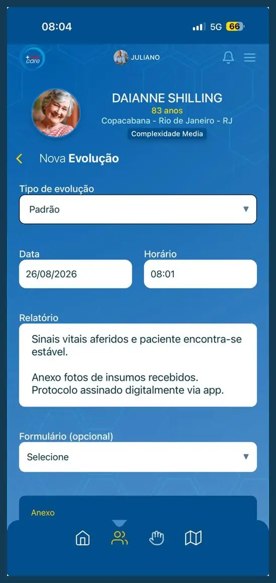 Tela Nova Evolução do +Vidas Care com tipo, data, horário, relatório, formulário e anexo