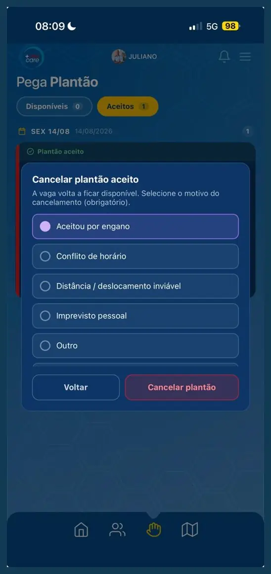 Tela do +Vidas Care para cancelar um plantão aceito, com motivos obrigatórios