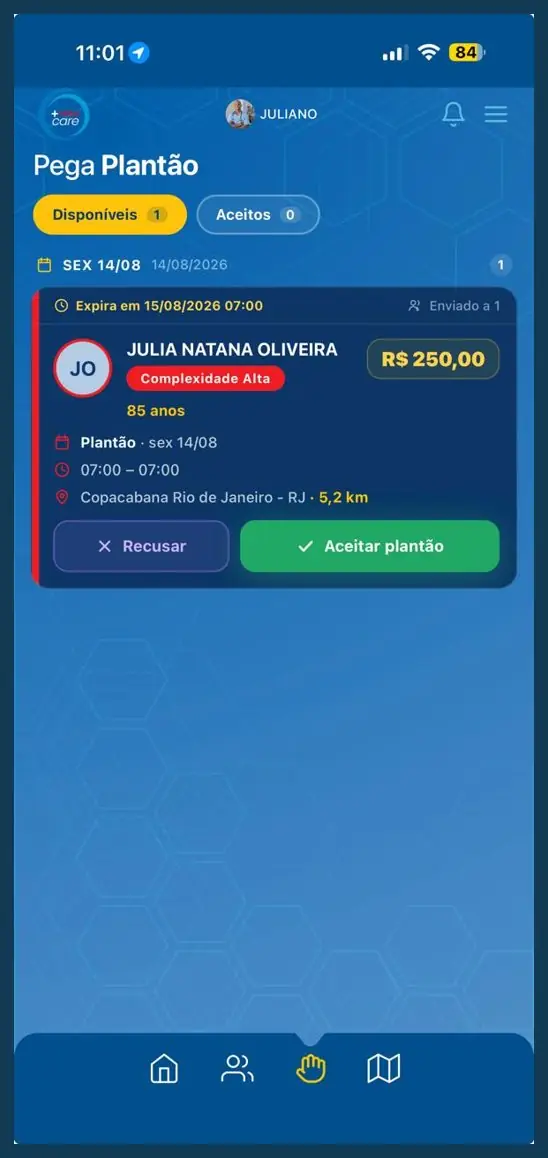 Tela Pega Plantão do +Vidas Care com oferta disponível, valor do plantão e botões Recusar e Aceitar plantão
