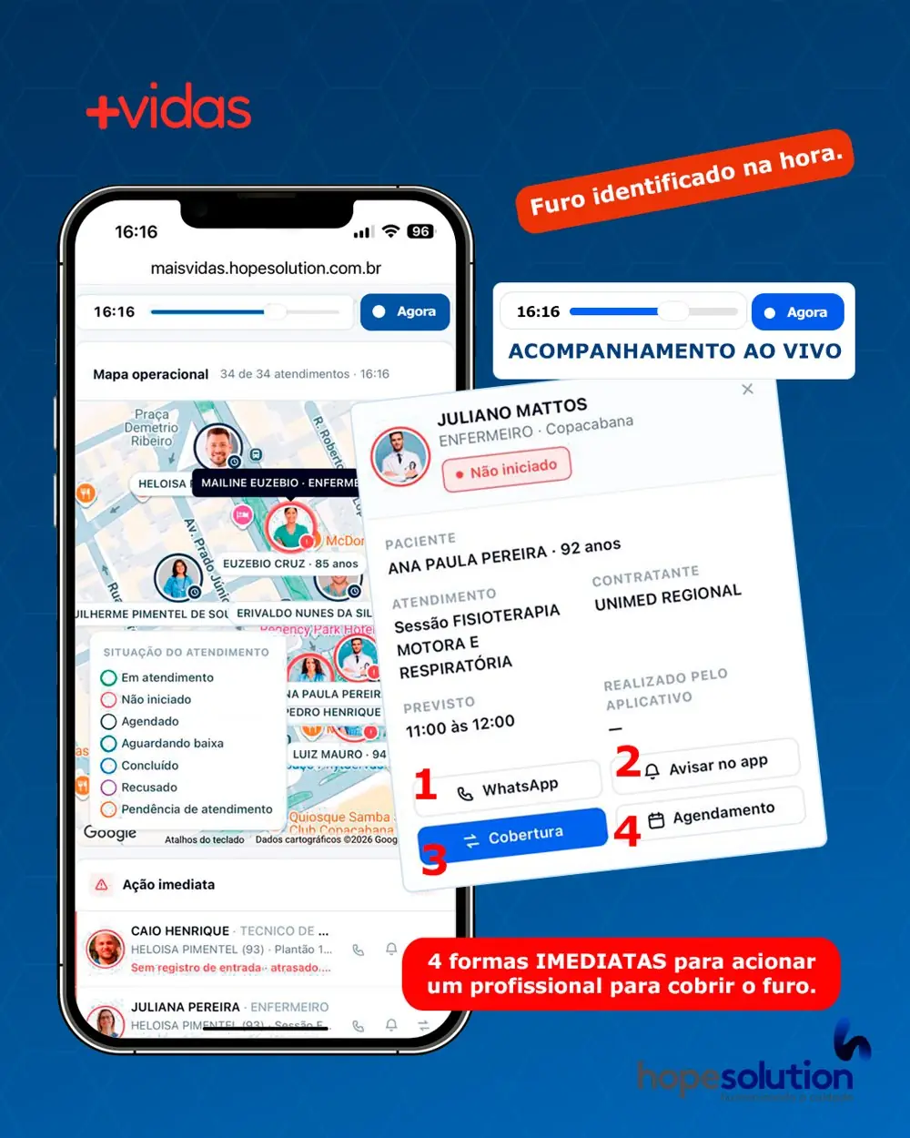 Card do atendimento na Central ao Vivo com status não iniciado e as quatro ações imediatas: WhatsApp, Avisar no app, Cobertura e Agendamento