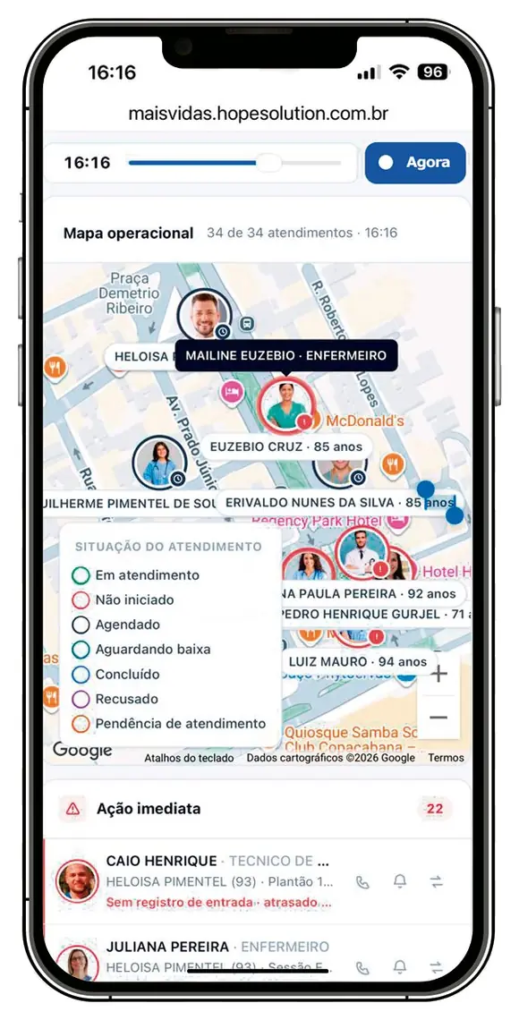 Central de Atendimentos ao Vivo aberta no celular, com o mapa operacional e a legenda de situação do atendimento