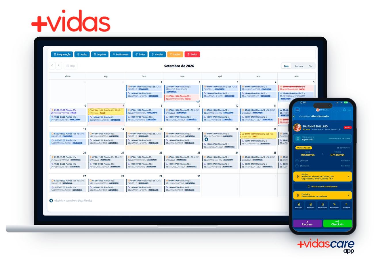 Painel de escalas do +Vidas no notebook, com plantões concluídos, agendados, vagos e faltas, e o +Vidas Care no celular na tela de atendimento