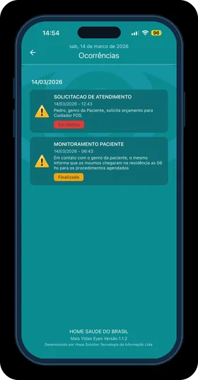 Tela Ocorrências do +Vidas Eyes com eventos em aberto e finalizados