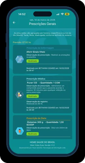 Tela Prescrições Gerais do +Vidas Eyes com o selo Realizada, o profissional e o horário da checagem