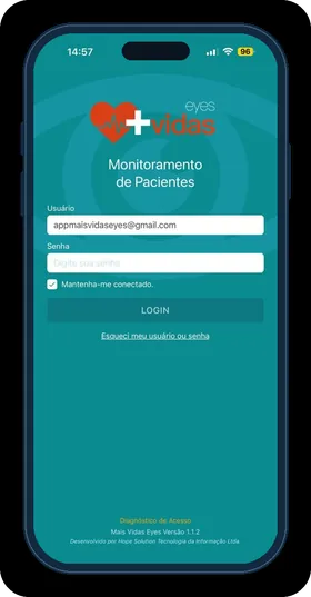 Tela de login do +Vidas Eyes com campo de usuário, senha e a opção mantenha-me conectado