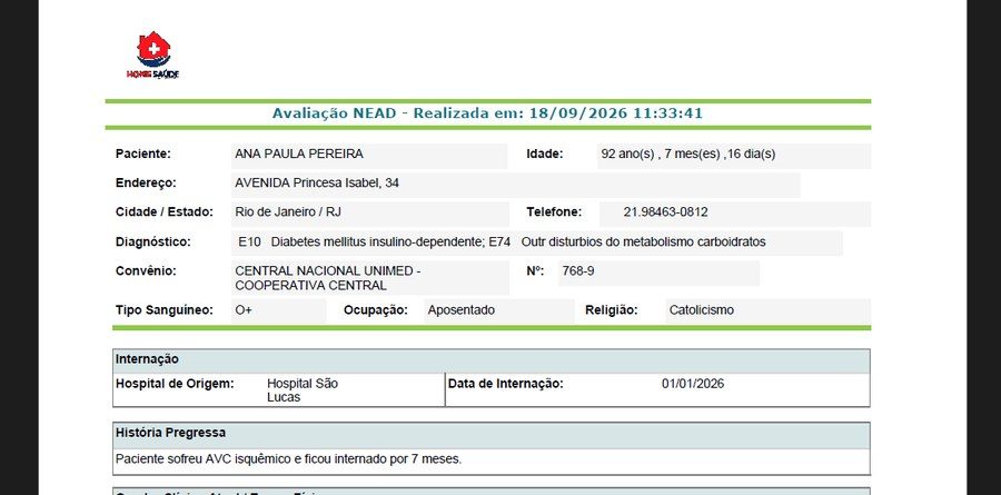 Abertura do relatório da Avaliação NEAD com identificação completa do paciente