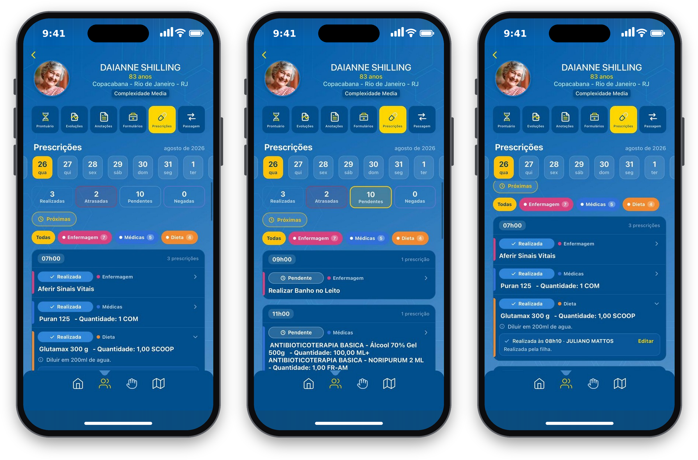 Três telas do aplicativo +Vidas Care: seletor de dias com contadores por situação e filtros por categoria; itens pendentes agrupados por horário; item realizado com horário e profissional da checagem