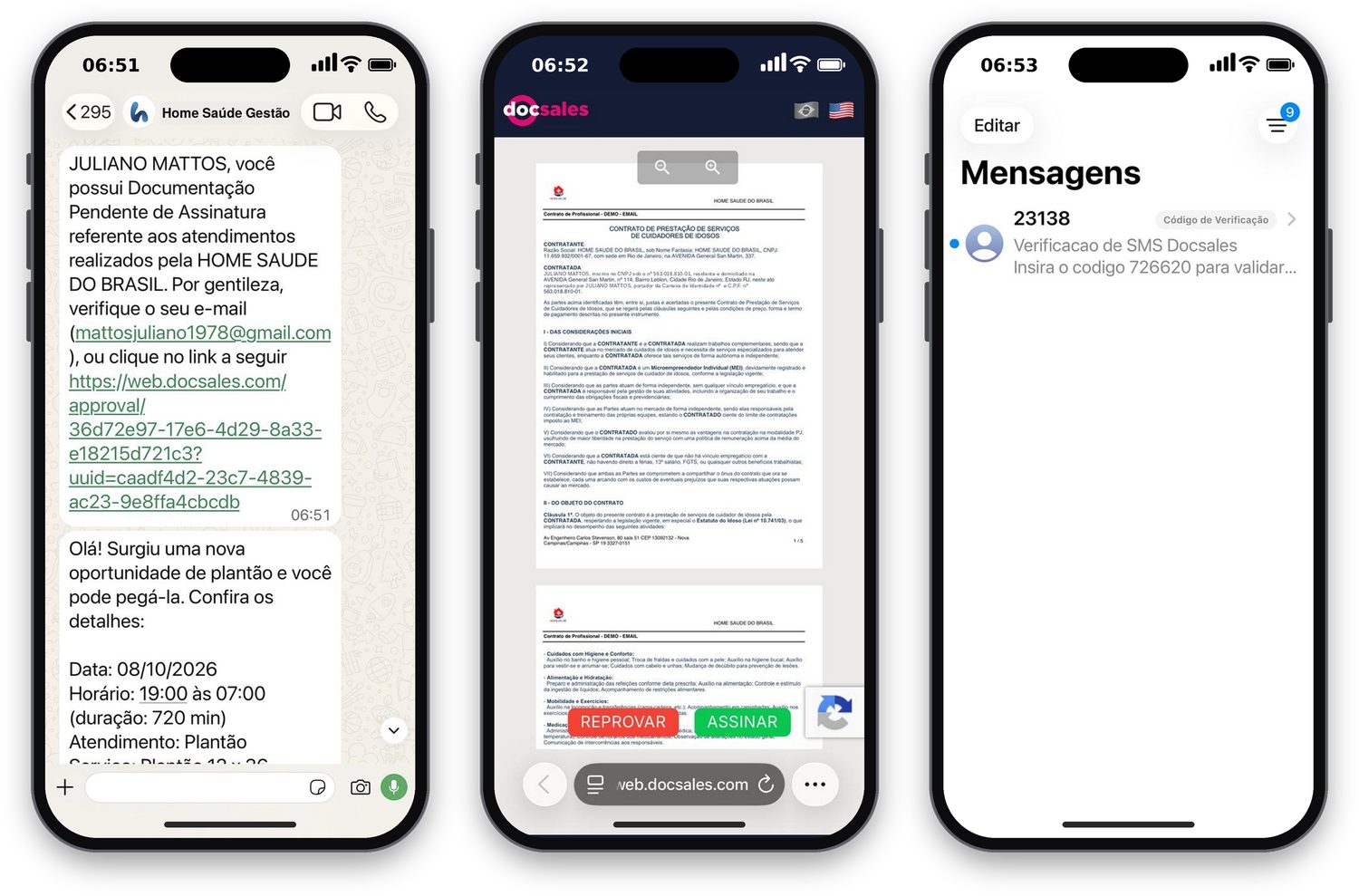 Três celulares: a mensagem de WhatsApp com o link do documento; o documento aberto para leitura com os botões Reprovar e Assinar; o SMS com o código de confirmação