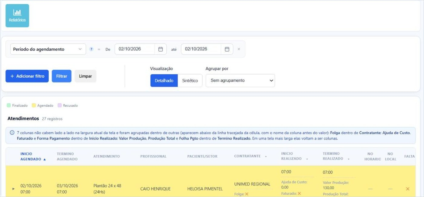 Auditoria de Atendimentos com filtros, visualização Detalhado ou Sintético e a legenda de cores