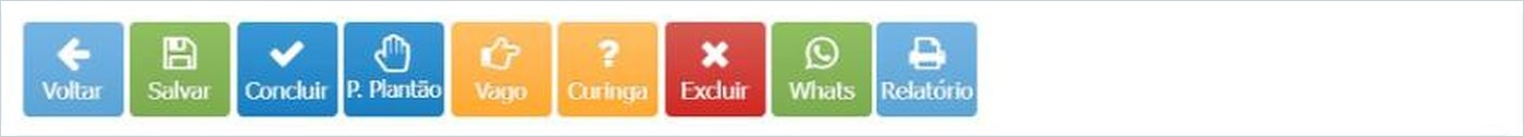 Barra de botões do atendimento: Voltar, Salvar, Concluir, P. Plantão, Vago, Curinga, Whats e Relatório
