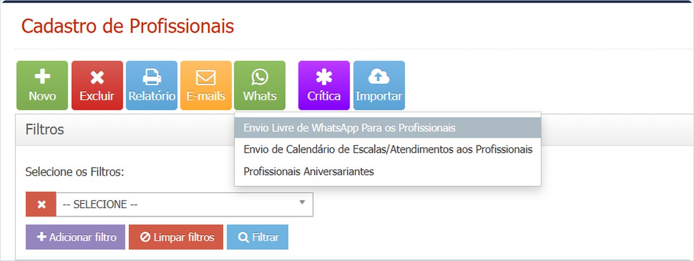 Cadastro de Profissionais com os filtros da listagem e o botão Whats aberto, com a opção Envio Livre de WhatsApp Para os Profissionais