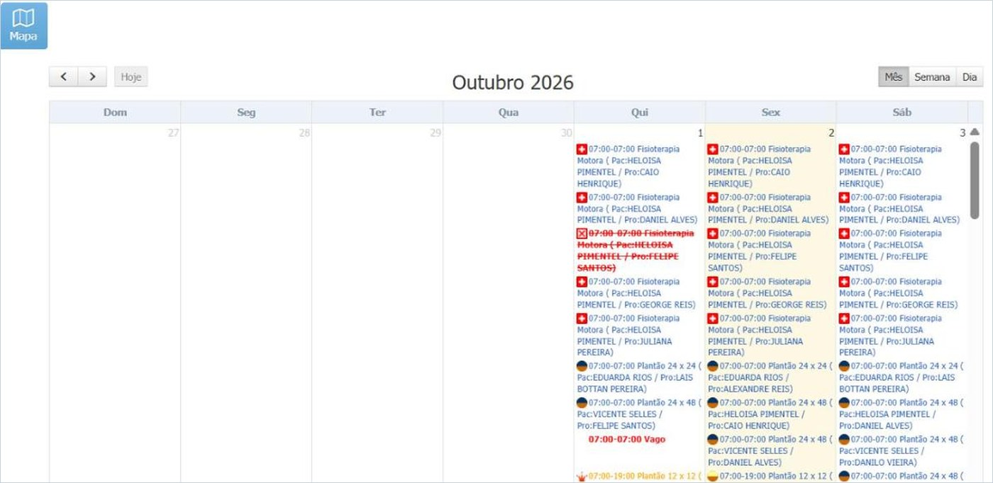 Calendário Geral de Atendimentos com os plantões de todos os pacientes e um plantão recusado pelo aplicativo em vermelho