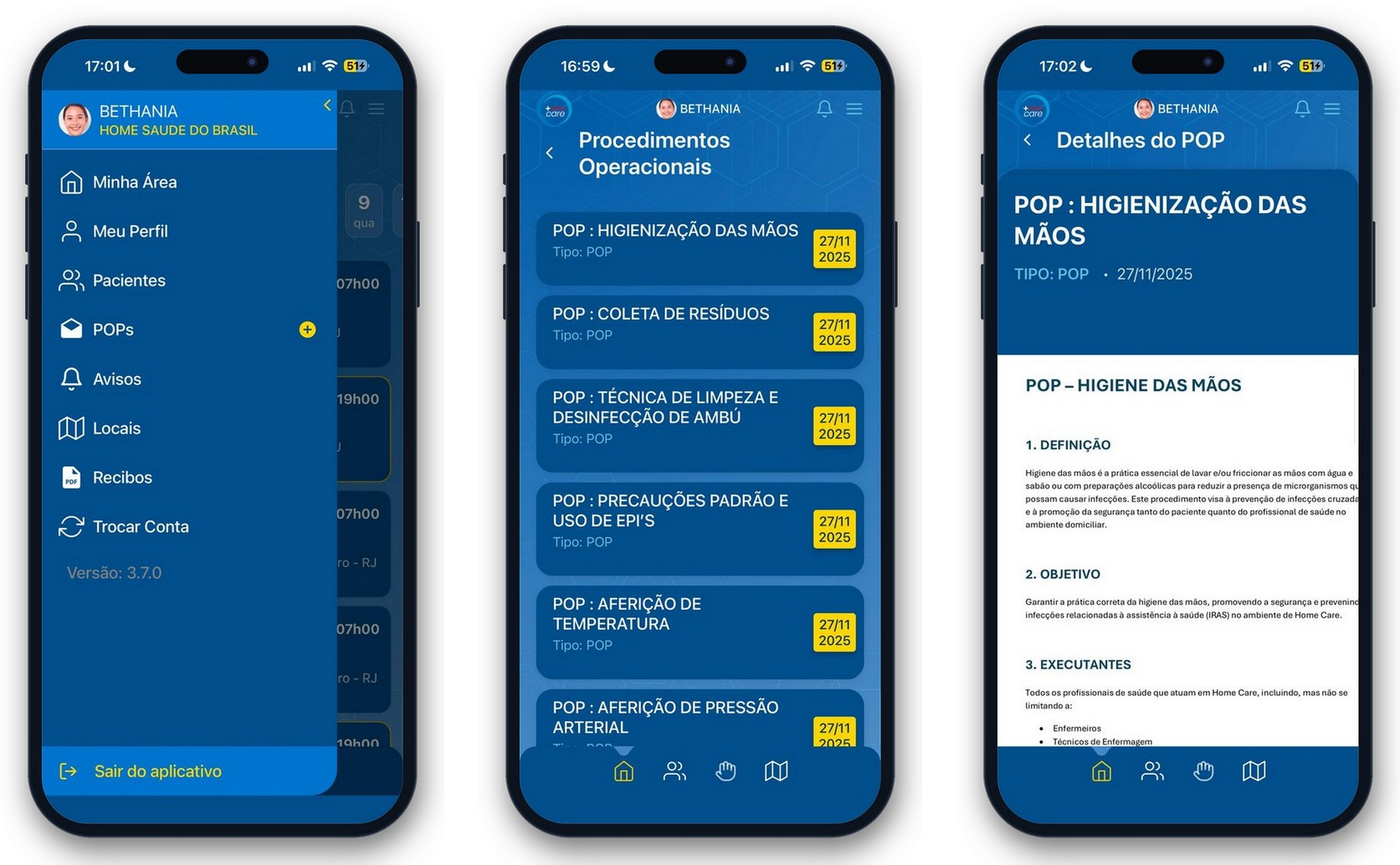 Três telas do aplicativo +Vidas Care: menu com o item POPs entre Pacientes e Avisos; lista Procedimentos Operacionais com tipo e data de emissão; Detalhes do POP com o conteúdo do documento