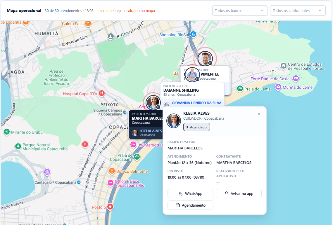 Mapa operacional da Central de Atendimentos ao Vivo com o cartão de um atendimento aberto: profissional, paciente, atendimento, previsto e os botões WhatsApp, Avisar no app e Agendamento