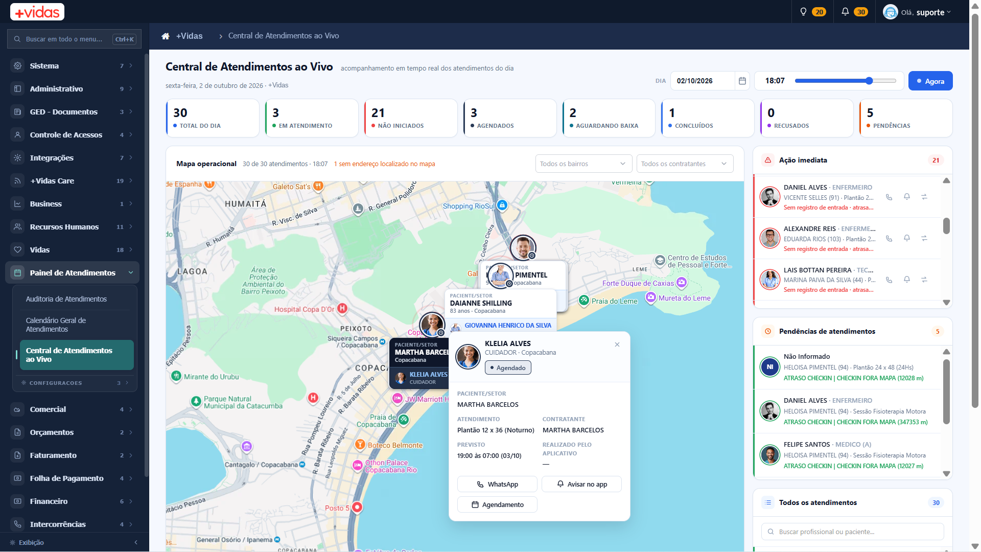 Central de Atendimentos ao Vivo com os indicadores do dia, o mapa operacional com as fotos dos profissionais e as filas Ação imediata e Pendências de atendimentos