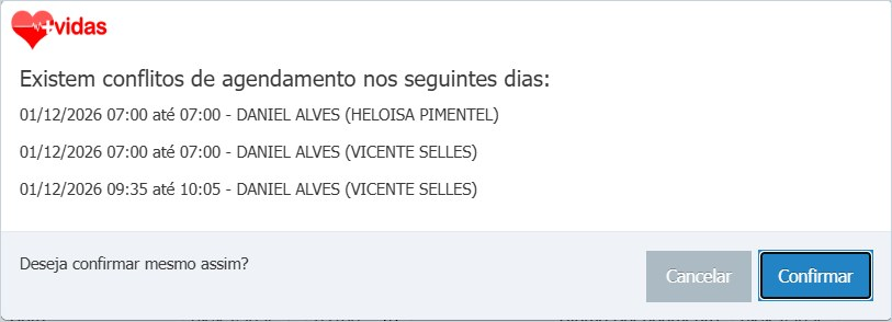 Janela de aviso de conflito de agendamento listando data, horário, profissional e paciente de cada sobreposição