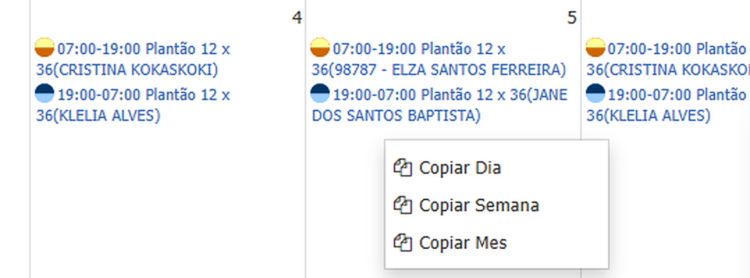 Menu de contexto do calendário com as opções Copiar Dia, Copiar Semana e Copiar Mês