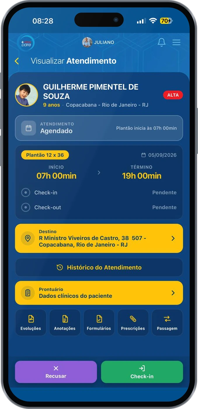 Tela de atendimento do +Vidas Care com check-in e dados do paciente