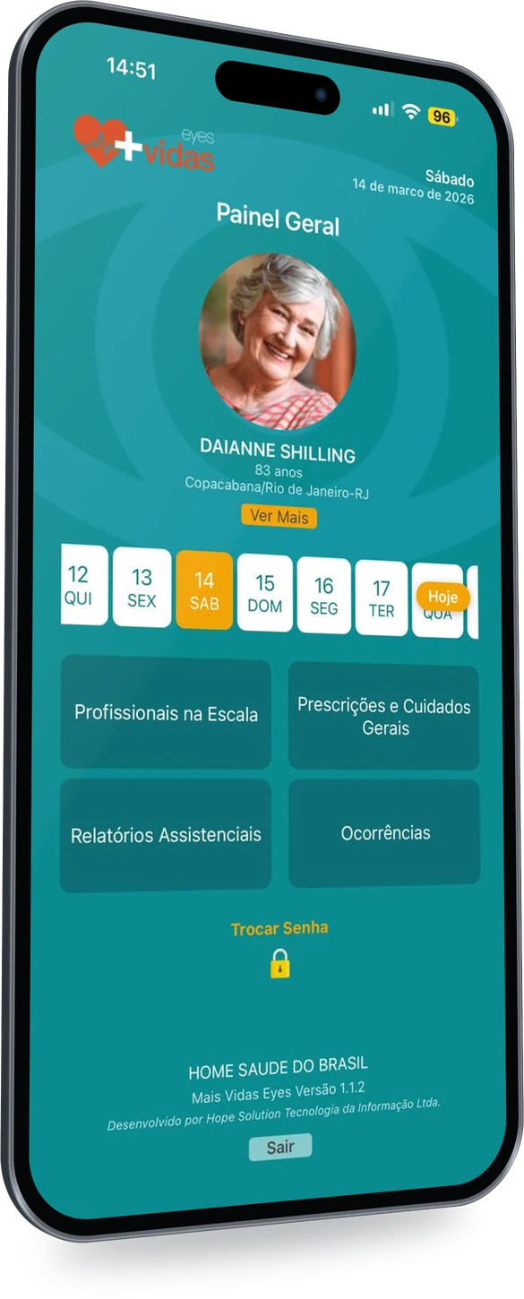Painel Geral do +Vidas Eyes com a paciente, o calendário e os acessos da família