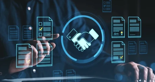 Aperto de mãos digital cercado por documentos de contrato