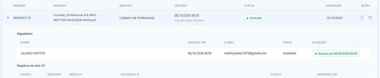 Lote expandido na tela Assinatura Digital, com o signatário, o e-mail, o perfil e a data e hora da assinatura