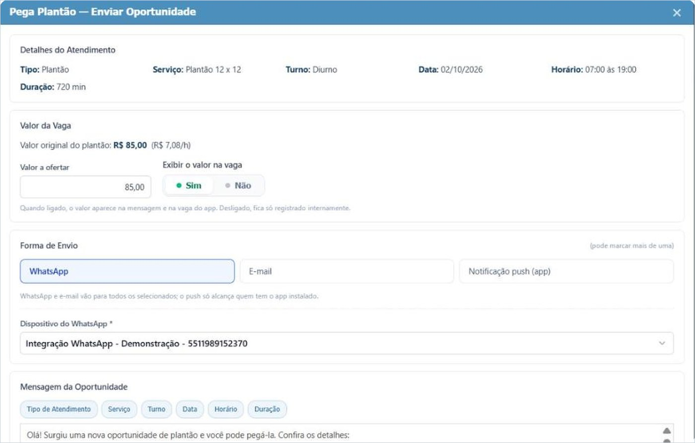 Janela Pega Plantão Enviar Oportunidade com detalhes do atendimento, valor da vaga, forma de envio, dispositivo do WhatsApp e mensagem