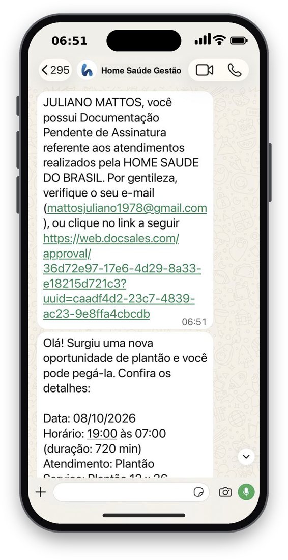Celular com a mensagem de WhatsApp recebida pelo profissional, com o nome, o e-mail e o link do documento para assinatura