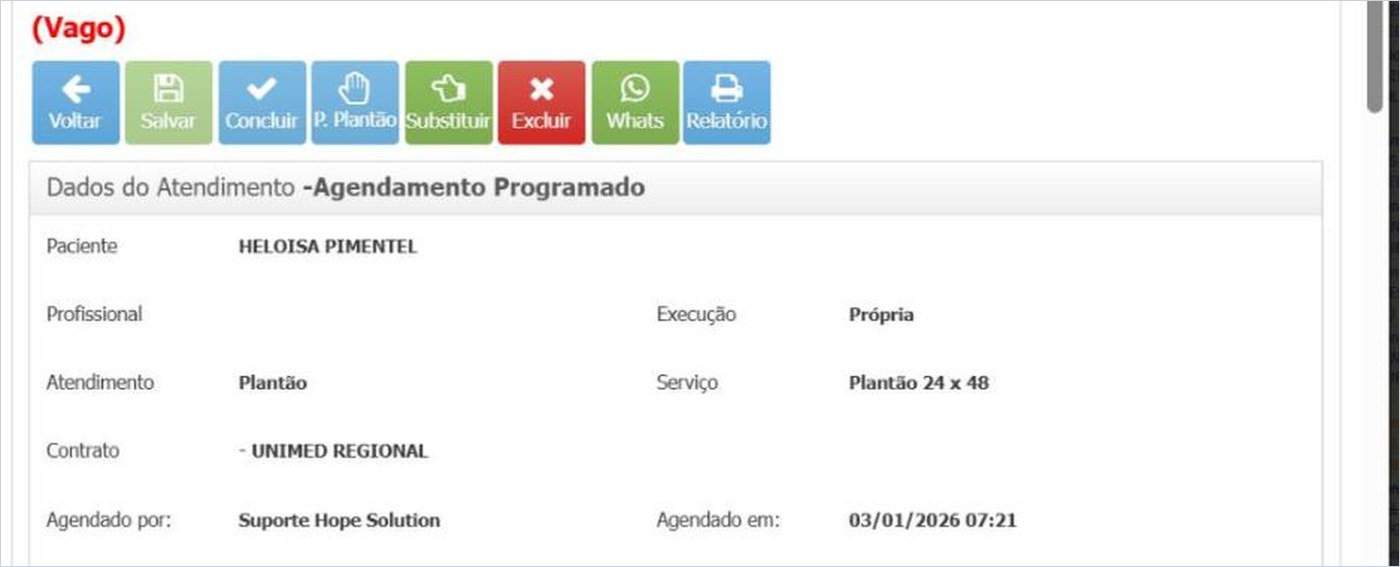 Plantão vago: rótulo Vago em vermelho e o botão Substituir na barra do atendimento