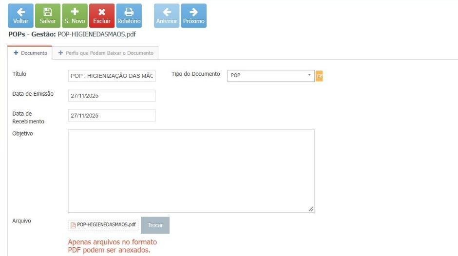 Cadastro do POP, recurso Documento, com os campos Título, Tipo do Documento, Data de Emissão, Data de Recebimento, Objetivo e Arquivo